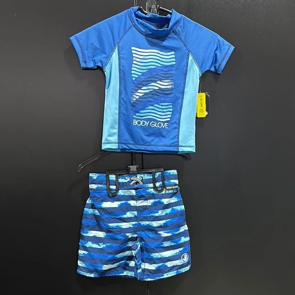 Body Glove 2 pc.UPF 50 rashguard short sleeve top,elastic waist lined trunks
